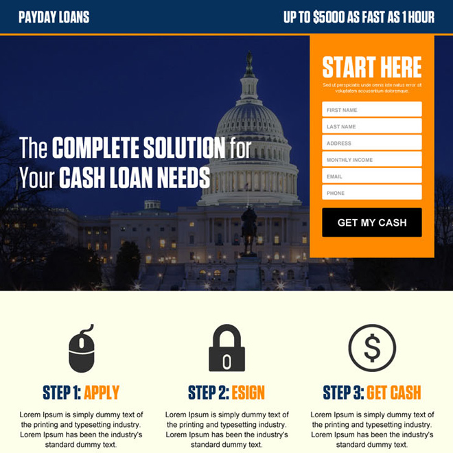 usa government payday loan responsive landing page design template Payday Loan example