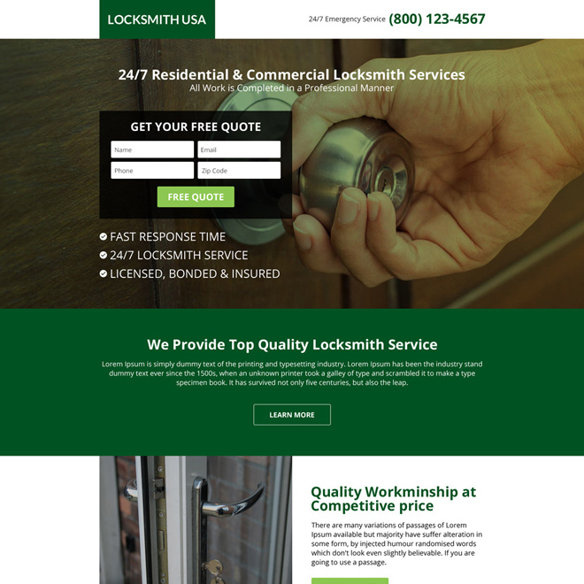 USA locksmith service responsive lead capturing landing page Locksmith example