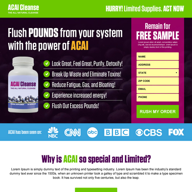 acai berry weight loss product lead magnet landing page design