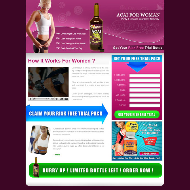 acai berry for women appealing and attractive landing page design for sale Weight Loss example