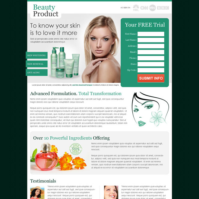 effective beauty product for your glowing skin attractive and converting landing page design