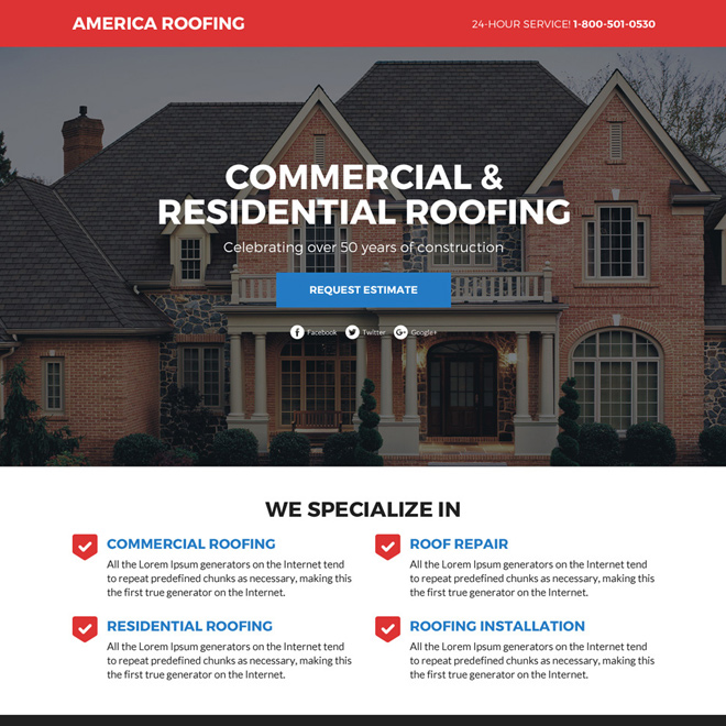 commercial and residential roofing services funnel landing page design