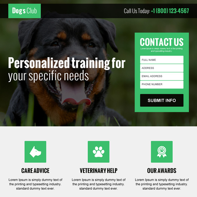 animals and pets club responsive lead generating landing page design