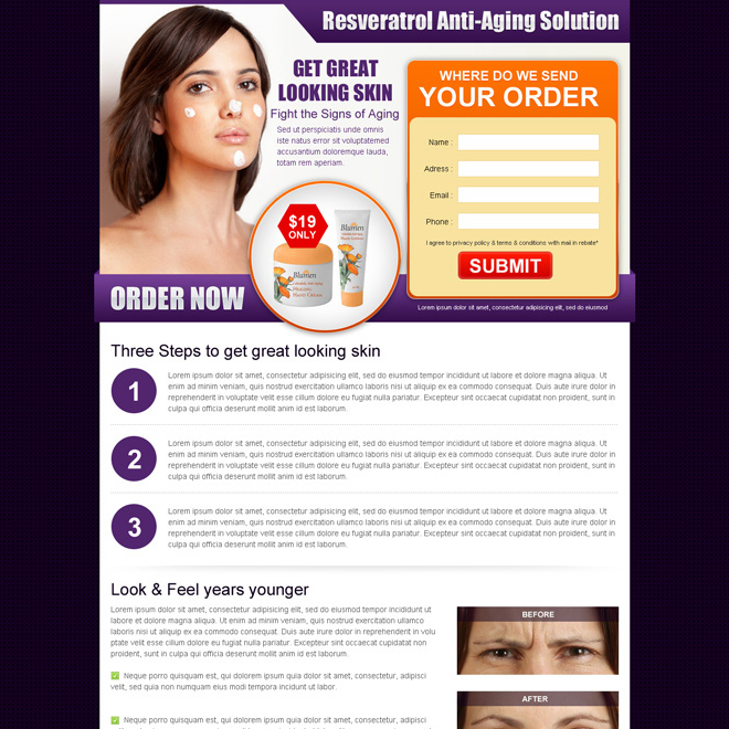 anti ageing skin care product converting html landing page design template Skin Care example