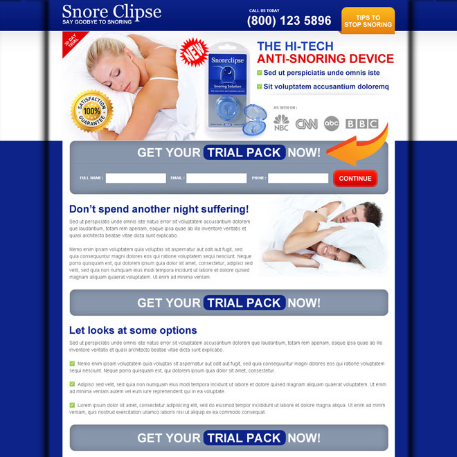 anti snoring device lead capture clean and effective landing page design Anti Snoring example