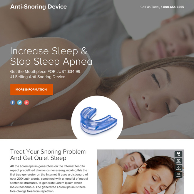 anti snoring device selling responsive funnel landing page Anti Snoring example