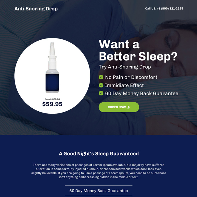 anti snoring drop selling responsive landing page Anti Snoring example