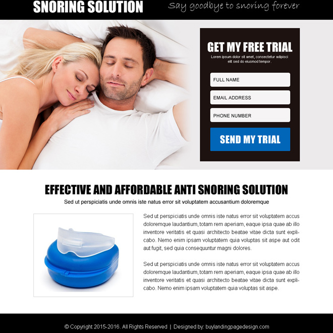 anti snoring product free trial lead gen ppv landing page design Anti Snoring example