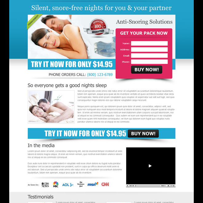 anti snoring lead capture landing page example