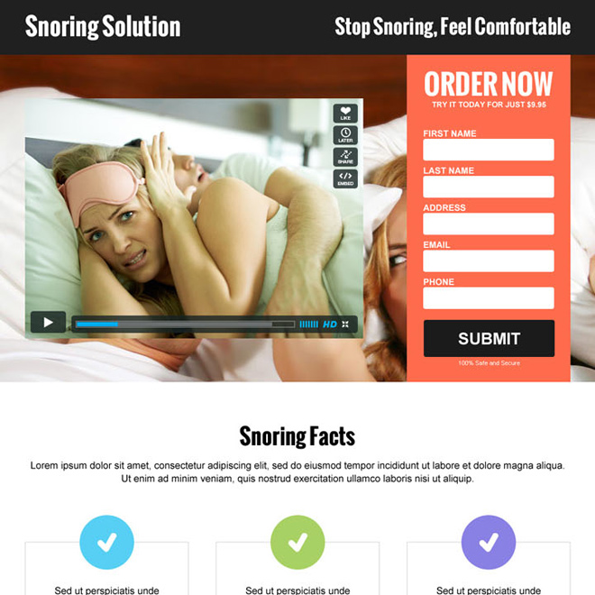 anti snoring lead capture responsive video landing page design