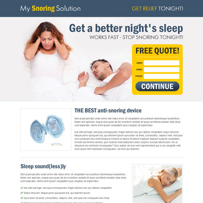 anti snoring lead capture responsive landing page design templates Anti Snoring example