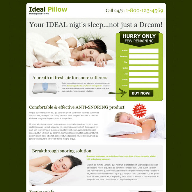 anti snoring pillow lead capture landing page design to boost your traffic and sale