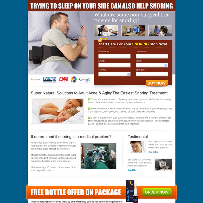 anti snoring product 2 column form lead capture design Anti Snoring example