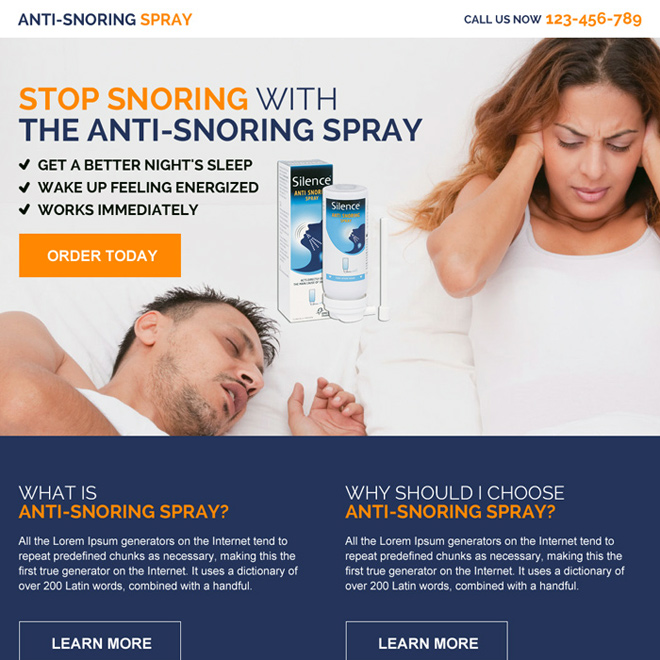 anti snoring spray product selling responsive landing page design