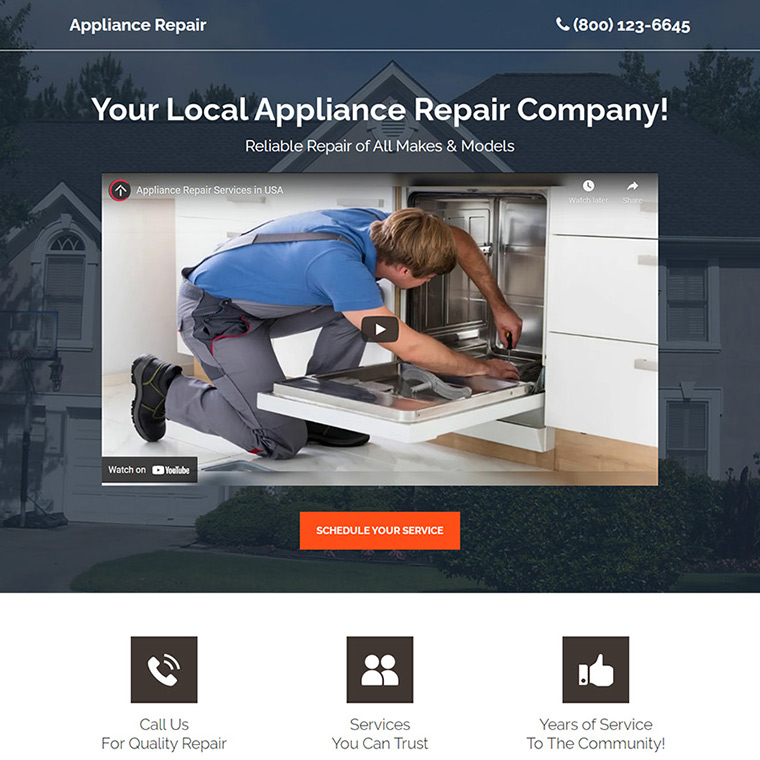 appliance repair company lead capture video landing page Appliance Repair example