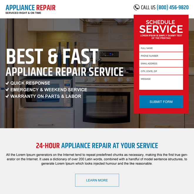 appliance repair responsive landing page design Appliance Repair example