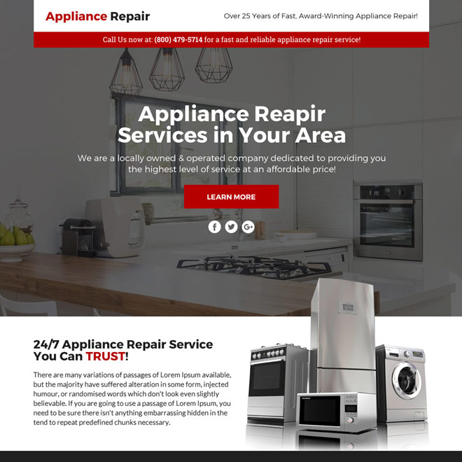 appliance repair service responsive sales funnel page design Appliance Repair example