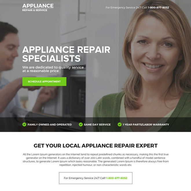 appliance repair specialist responsive landing page design