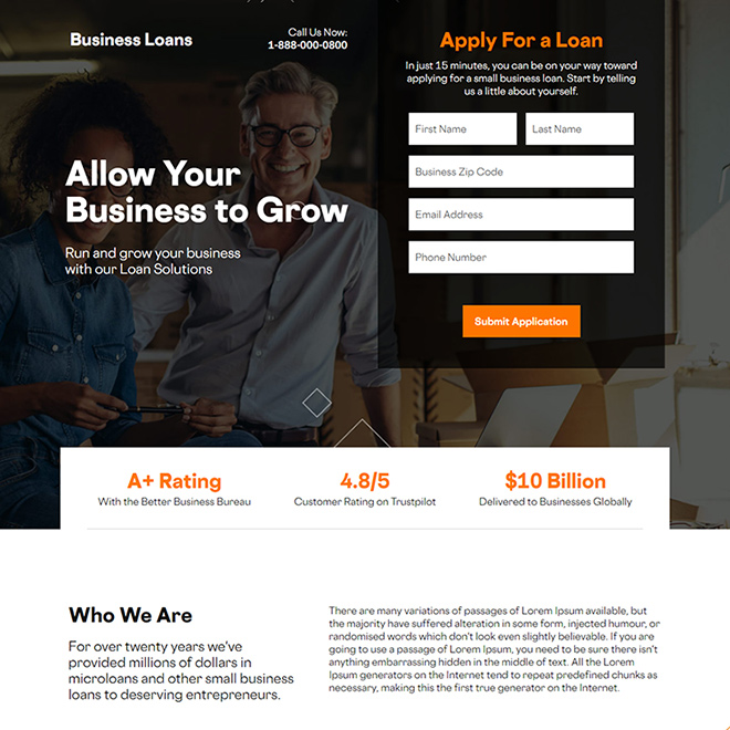 business funding responsive landing page design