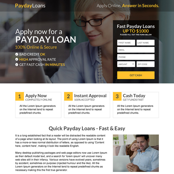 responsive payday loan lead capturing mini landing page Payday Loan example