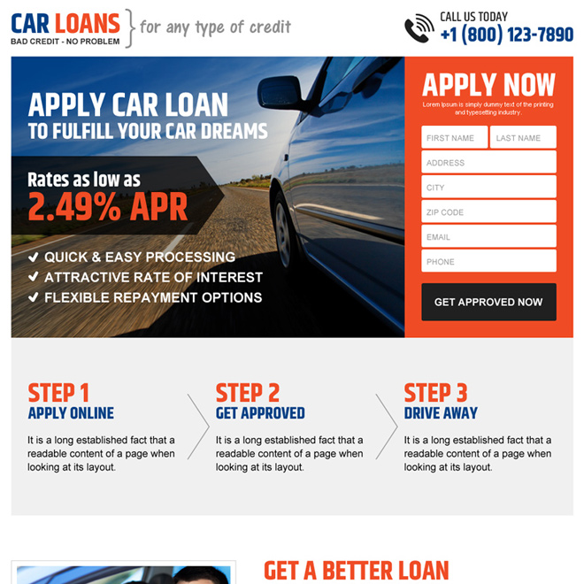 clean car loan responsive landing page design template Auto Financing example