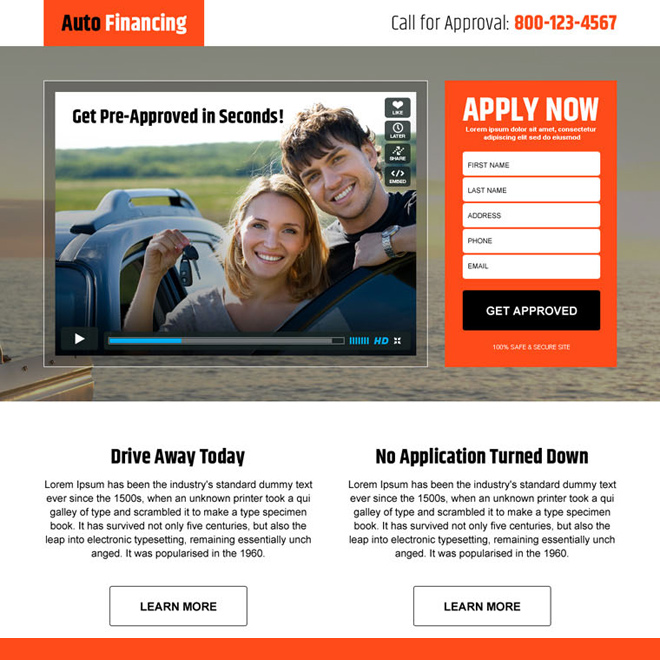 auto financing converting responsive video landing page design