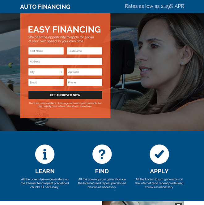 special auto financing solutions responsive landing page Auto Financing example