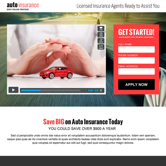 auto insurance responsive video landing page design Auto Insurance example