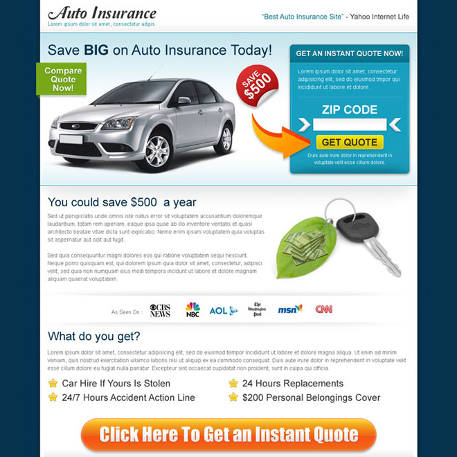 auto insurance search by zip code landing page design