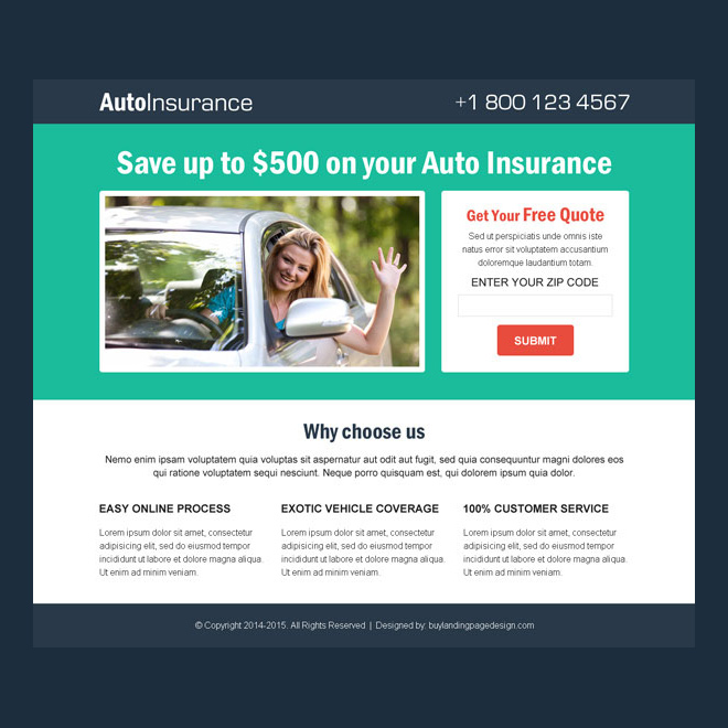 auto insurance free quote clean and simple lead gen responsive landing page design Auto Insurance example