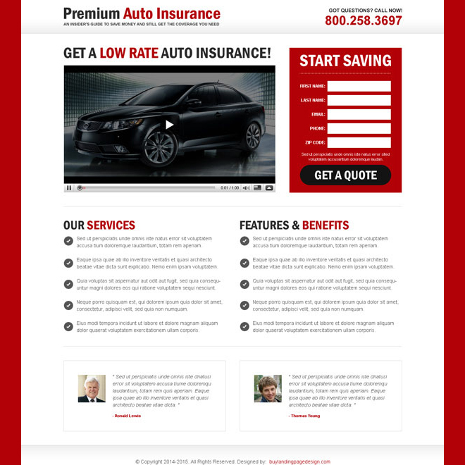 auto insurance lead capture video landing page Auto Insurance example