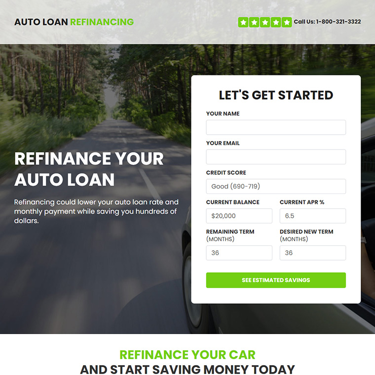 auto loan refinancing landing page design Auto Financing example