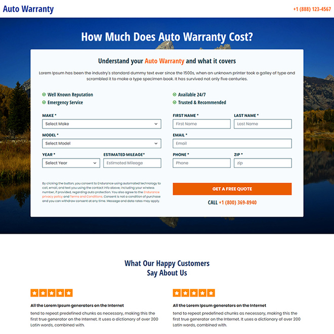 auto warranty services lead capture responsive landing page Auto Insurance example