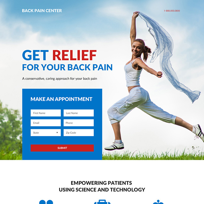 back pain relief center responsive landing page design Pain Relief example