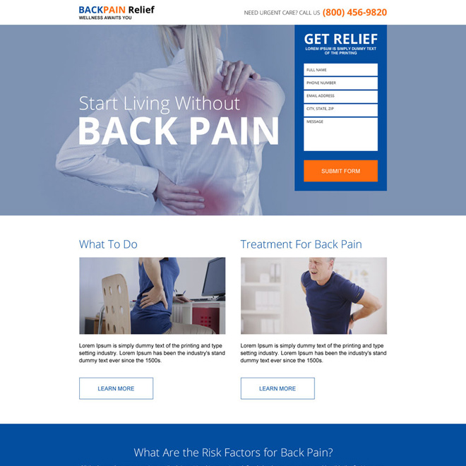 responsive back pain relief treatment lead gen landing page Pain Relief example