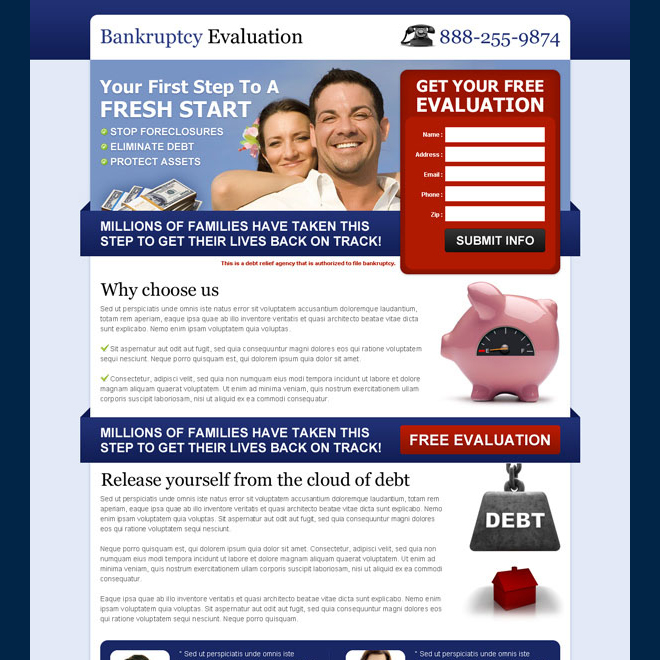 bankruptcy free evaluation effective and appealing debt lead gen landing page