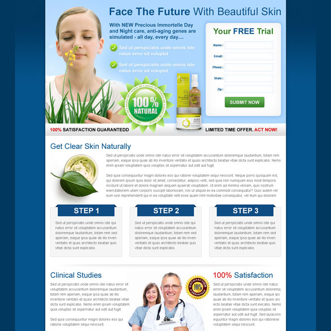 get clear skin naturally beauty product clean and conversion oriented lead capture landing page Beauty Product example