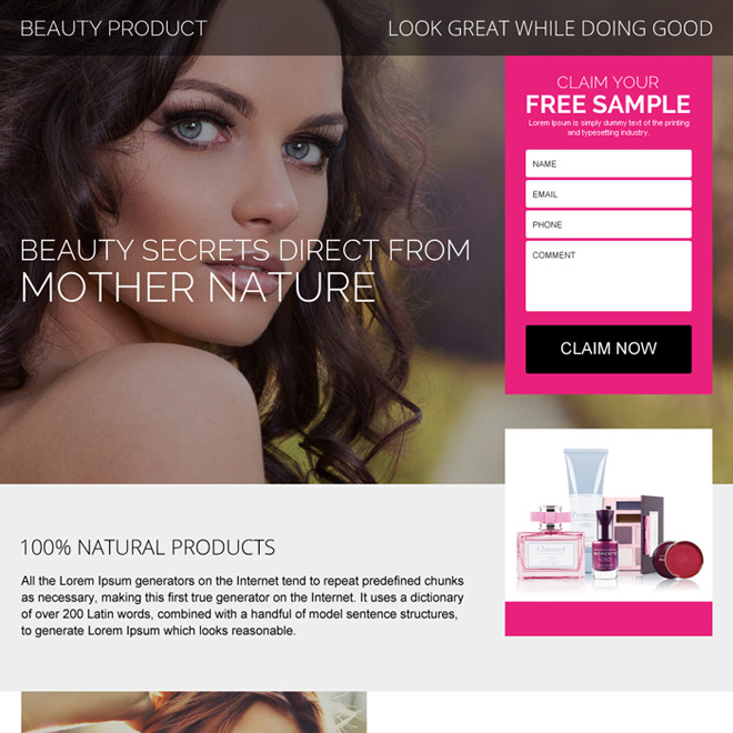 beauty product free sample lead capturing responsive landing page