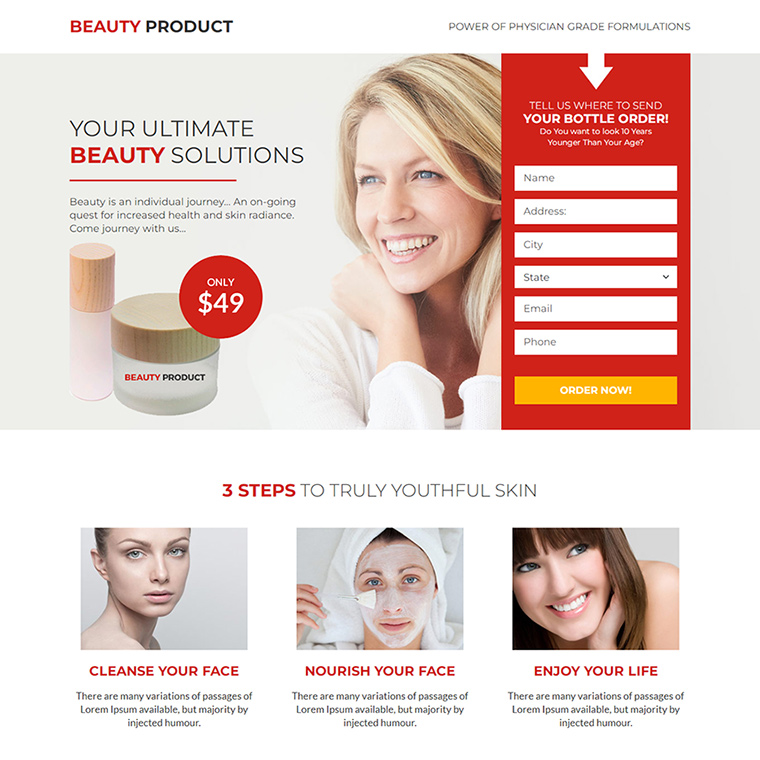 beauty product mini landing page design