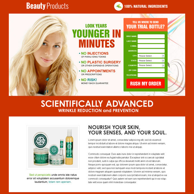 appealing and long lead capture html landing page design template for selling your beauty product Beauty Product example