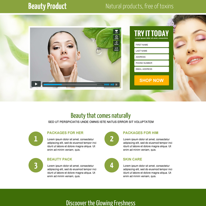 beauty product responsive video lead capture landing page Beauty Product example