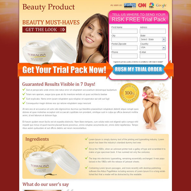 beauty product risk free trial 2 column lead capture landing page design