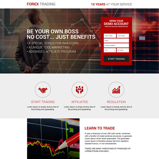 clean forex exchange broker responsive landing page design Forex Trading example