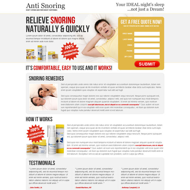relieve snoring naturally and quickly anti snoring product clean and highly effective lead capturing landing page Anti Snoring example