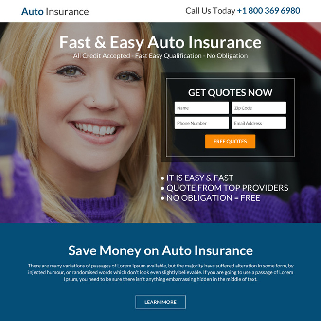 responsive auto insurance lead capturing landing page design Auto Insurance example