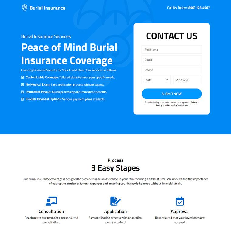 burial insurance services responsive landing page Burial Insurance example