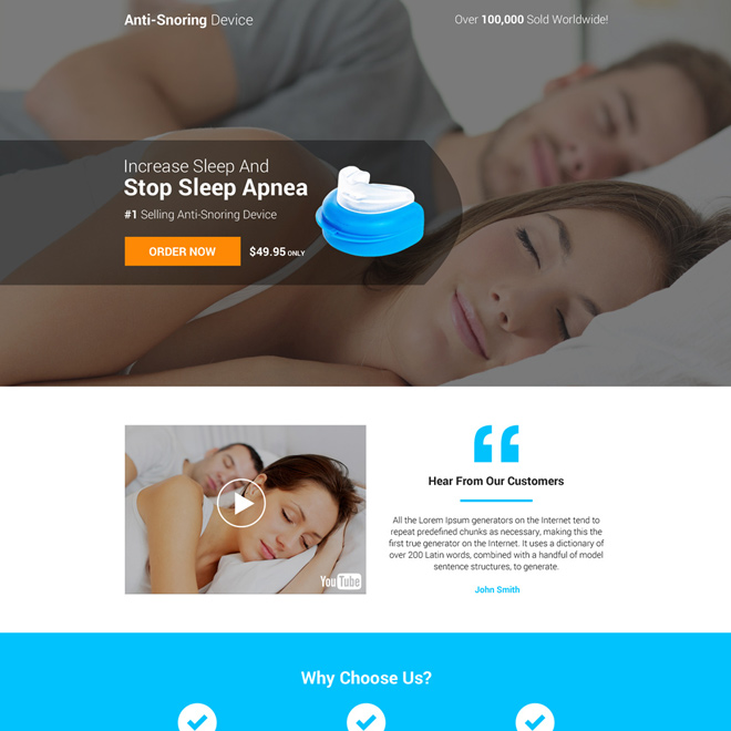 anti snoring device selling responsive landing page design