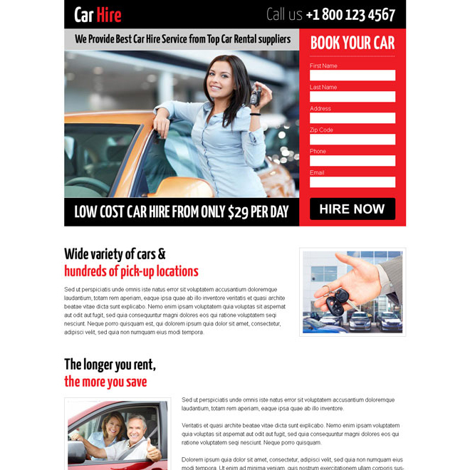 attractive low cost responsive lead capture landing page design for car hire