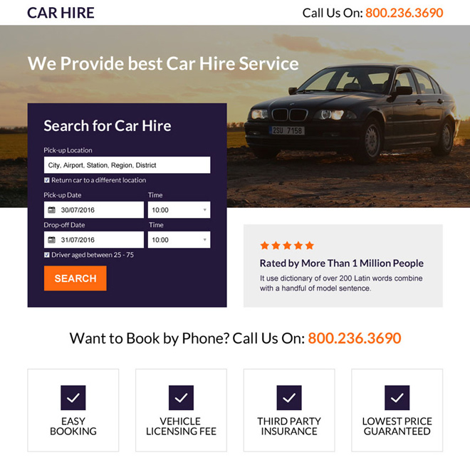 responsive car hire service mini landing page design Car Hire and Car Rental example