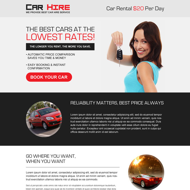 best car hire service responsive landing page design Car Hire and Car Rental example